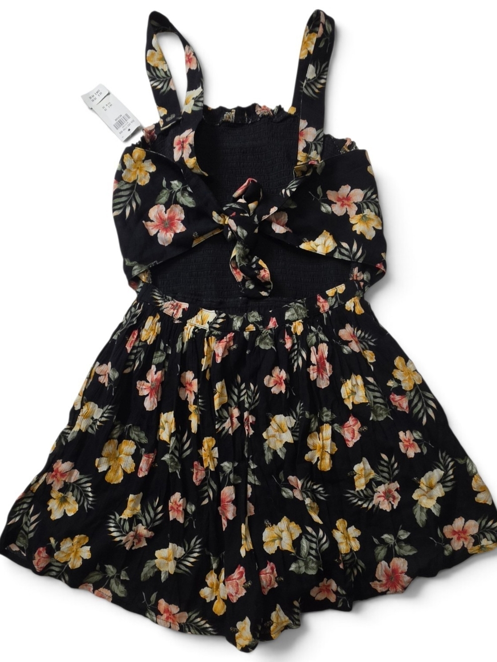 Hollister Black Floral Smocked Romper Tropical Tie Back Cut Out Medium NWT